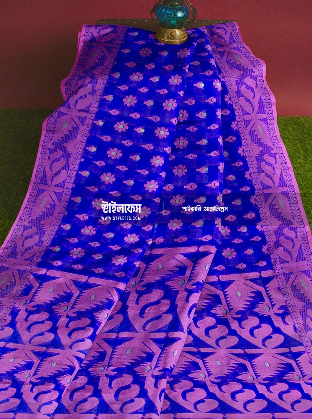 নাকফুল নীল গোলাপি ম্যাচিং জামদানি শাড়ি - Stylefes Wholesale Saree